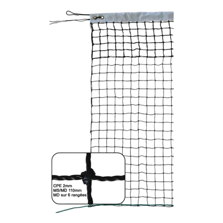 Filet de Tennis câblé PE 2 mm Noir 7 rangées de maille double 48 mm